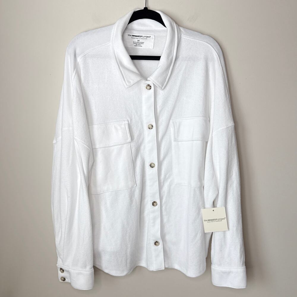 NEW NWT The Sweatshirt Project 3X White Button Up Long Sleeve‎ Sweatshirt